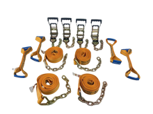 Load image into Gallery viewer, 8 Point Heavy Duty 14' Diamond Weave Strap Kit for Rollback/Flatbed Tie Downs with 12" Chain Tails