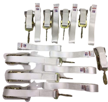 Load image into Gallery viewer, (8) 1.5" x 14' White Tent Straps w/ Loops & Twisted Snap Hook Ratchet Handles