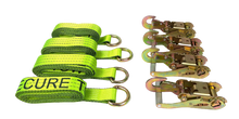 Load image into Gallery viewer, 2" x 10' Hi-VIZ Green Tecnic Webbing Lasso Straps w/Snap Hook Ratchets | Pack of 4