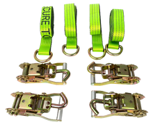 Load image into Gallery viewer, 2" x 10' Hi-VIZ Green Tecnic Webbing Lasso Straps w/Swivel-J Ratchets | Pack of 4