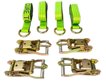 Load image into Gallery viewer, 2" x 100" Hi-VIZ Green TECNIC Webbing Lasso Straps w/ Finger Hook Wide Handle Ratchets | Pack of 4