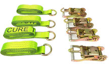 Load image into Gallery viewer, 2" x 100" Hi-VIZ Green TECNIC Webbing Lasso Straps w/ Finger Hook Wide Handle Ratchets | Pack of 4