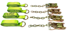 Load image into Gallery viewer, 2" x 10' Hi-VIZ Green TECNIC Webbing Lasso Straps with Wire D-Rings and Chain Tail Ratchets | Pack of 4