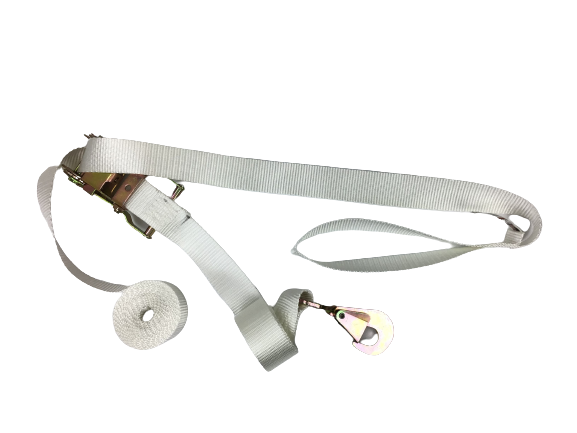 tent straps 1.5" x 14' White Tent Straps w/ Loops & Twisted Snap Hook Ratchet Handles