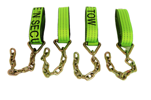 2" X 14' Heavy Duty TECNIC Strap with 12" Chain Tail | Hi-Viz Green | Pack of 4