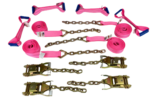 8 Point Kit DIAMOND WEAVE flatbed/rollback 14' car tie-down w/chain tail (Pink)