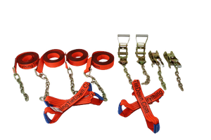 8 Point Heavy Duty Orange TECNIC 18 ft Strap Kit for Rollback/Flatbed Tie Downs with 12" Chain Tail