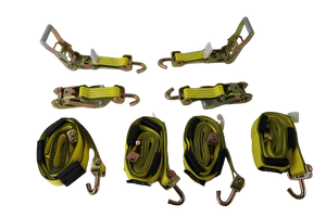 2" x 11' Yellow Tecnic Ratchet 3 Point Wheel Strap with 3 Rubber Tread Grabs (Swivel J) | Pack of 4