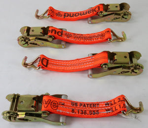 2" Ratchet with Orange Diamond Weave Webbing and Double J Wire Hook | Pack of 4
